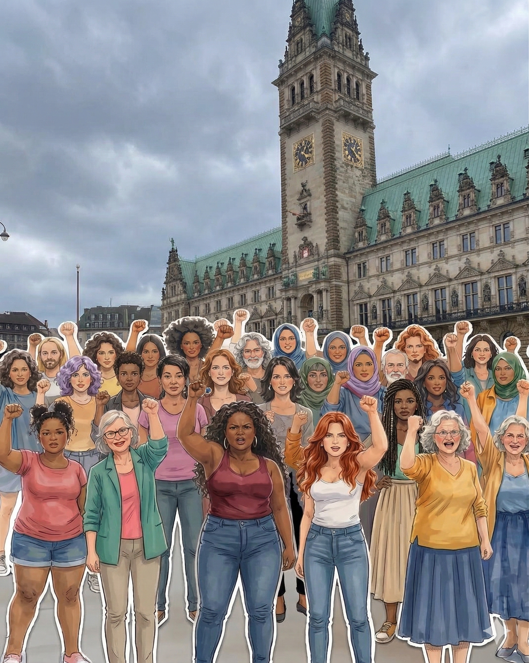 Protest vor dem Hamburger Rathaus mit erhobenen Fäusten